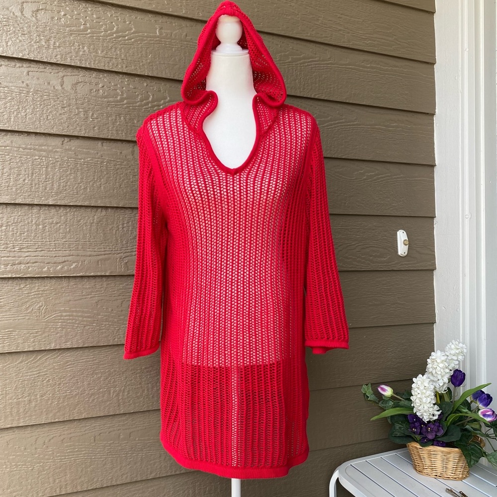 Sunday Anthropologie Red Hooded Cover Up Top, M